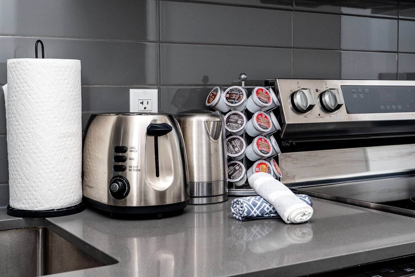 Kitchen counter with coffee and breakfast essentials, offering simple conveniences for a comfortable stay.