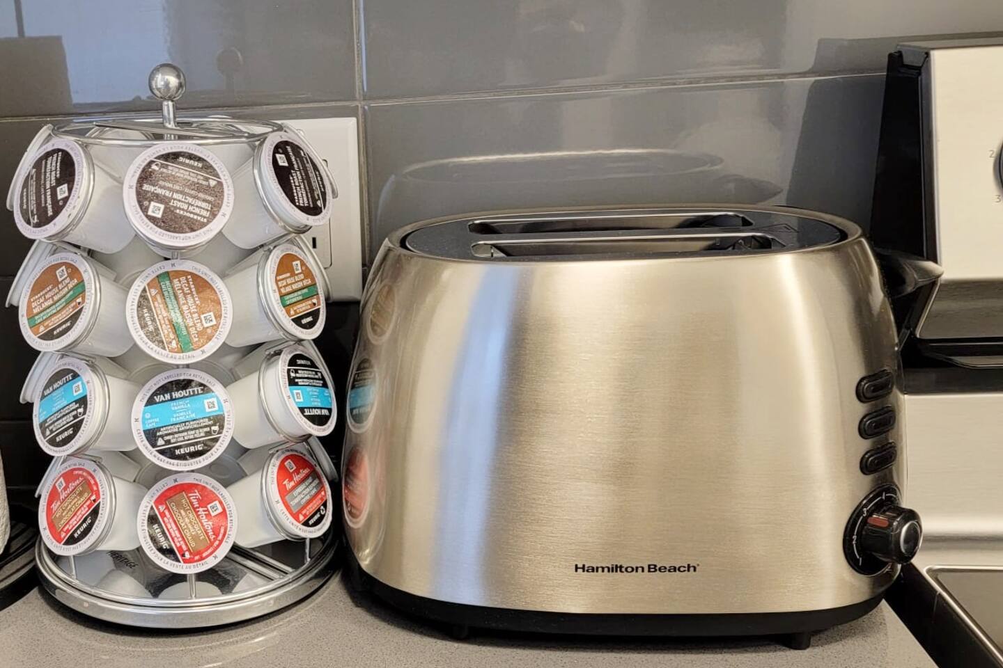Countertop toaster and coffee pods provide simple breakfast and coffee convenience during your stay.