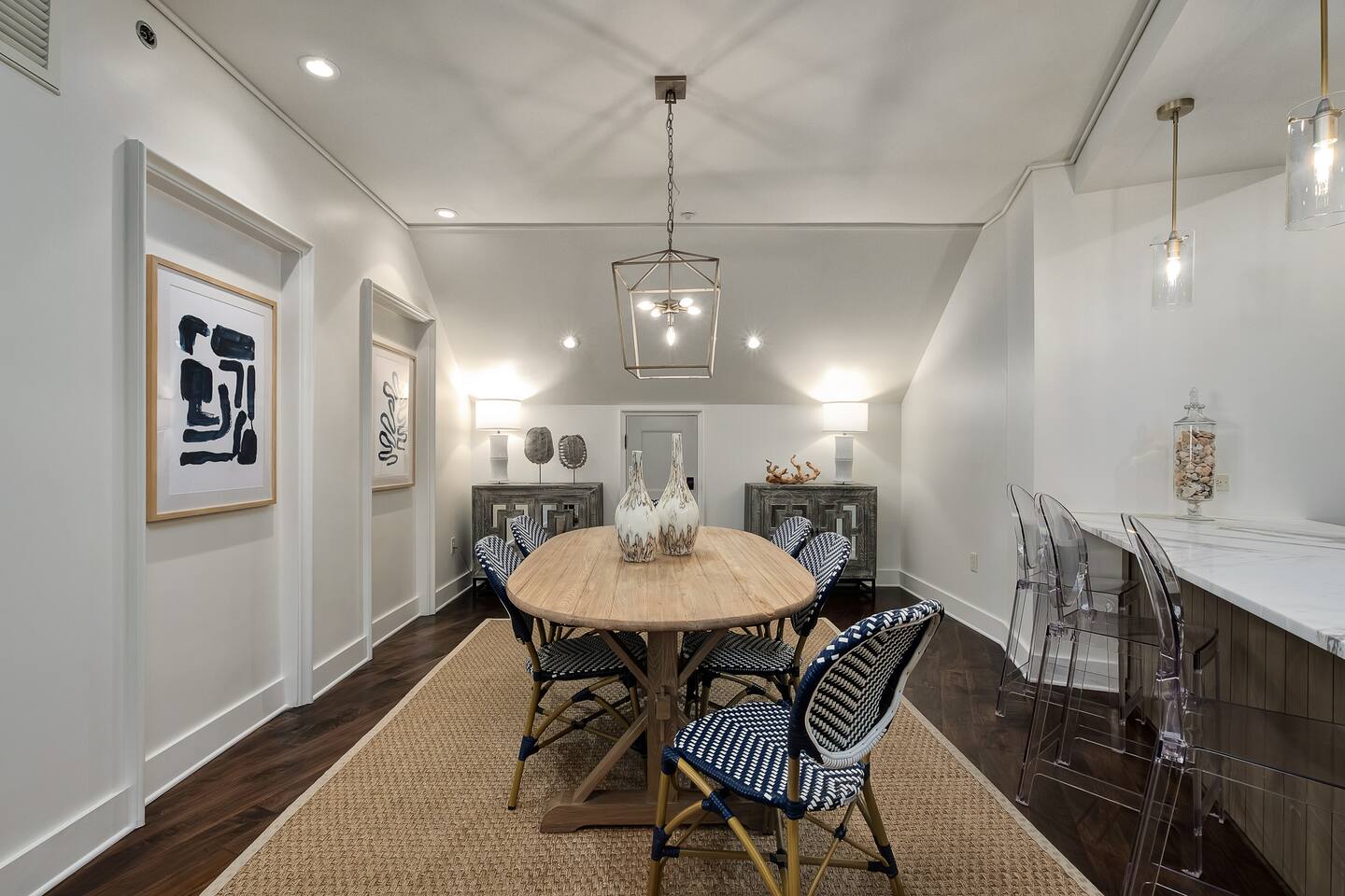 Dinning room with seating for six plus four more at the counter.