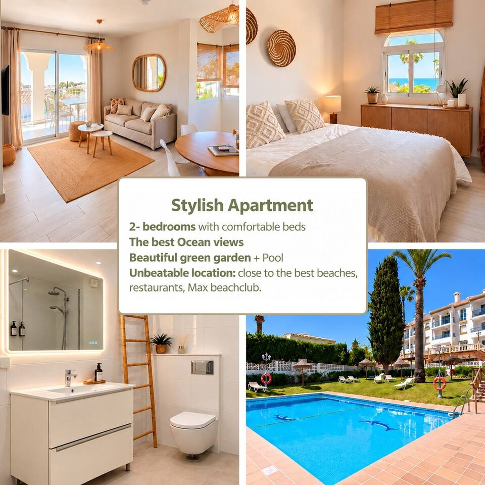 Warm & Stylish 2-Bed | Pool, Ocean Views & Free Parking in Las Lagunas de Mijas, Spain