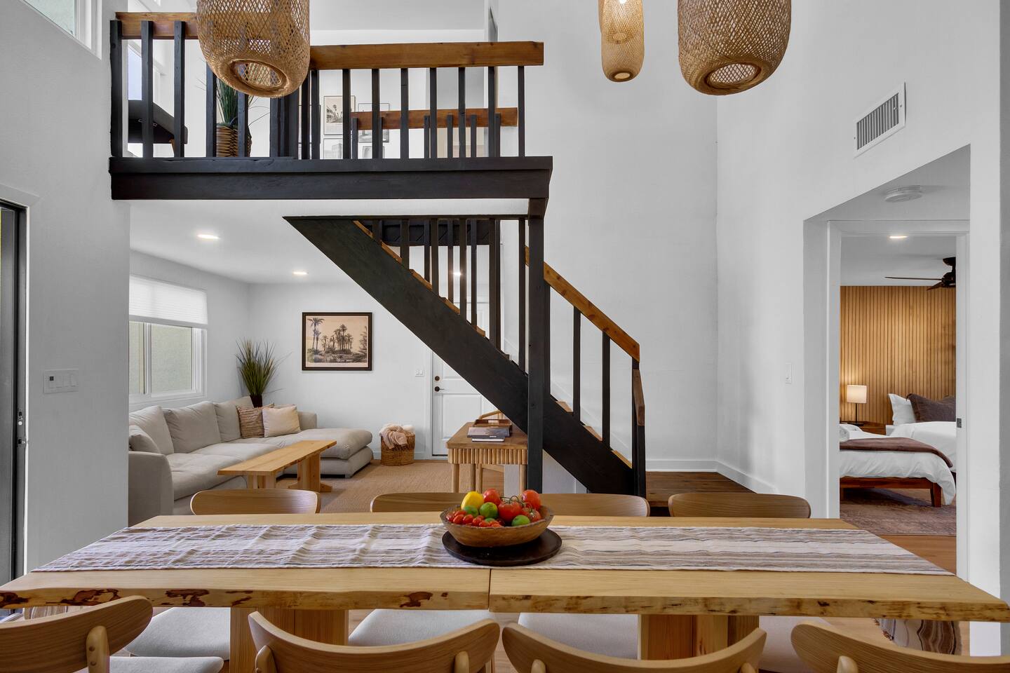 Relax in the cozy kitchen and living room area all together in this open space.