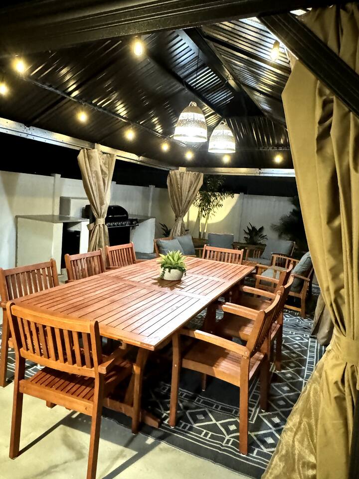 Lights provided for the backyard covered area.  Enjoy family and friends .