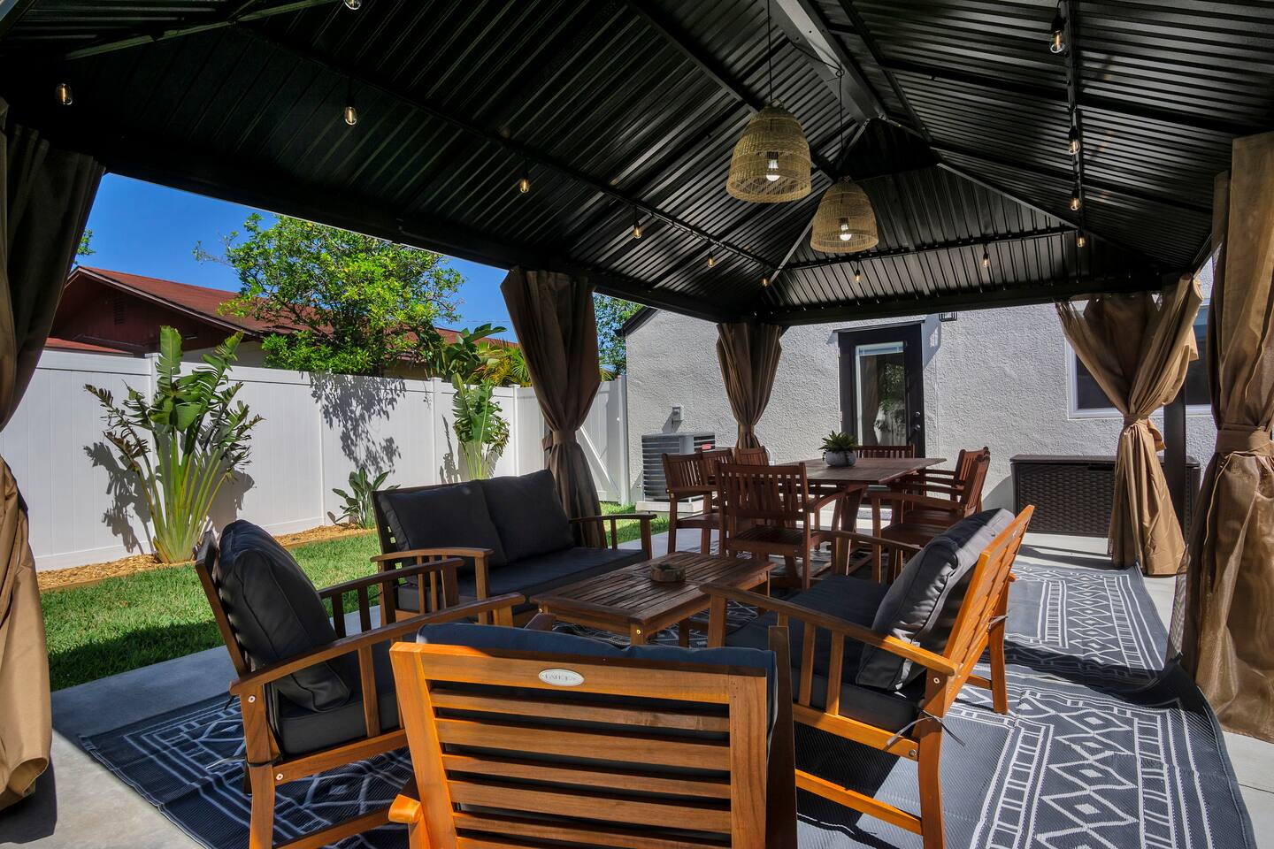 Relax and enjoy family and friends in our backyard oasis.  Covered and screens provided .