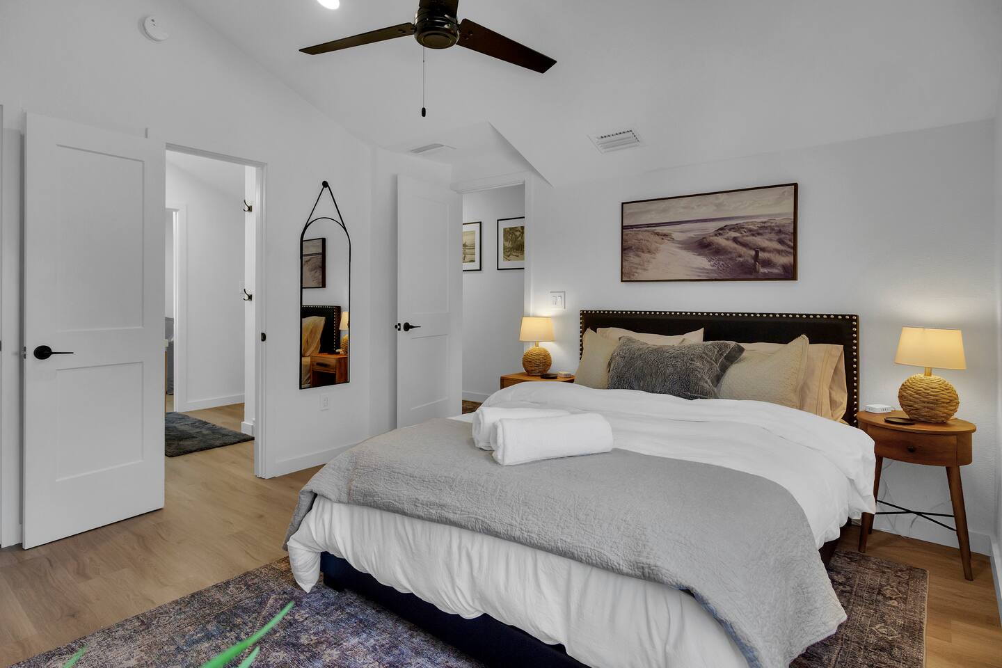 Bedroom 3 upstairs has nightlights and bedside charging stations and USB ports.  It also has a full length mirror, plenty of drawers for clothes and closet with extra pillows & luggage rack.  Shares full bath with bedroom 2.