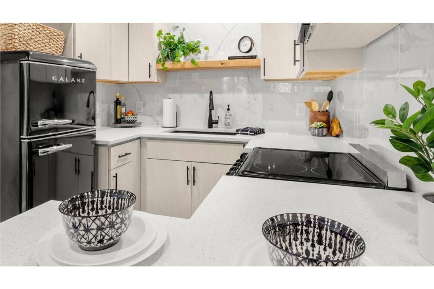 Small counter space fits two for dining.
