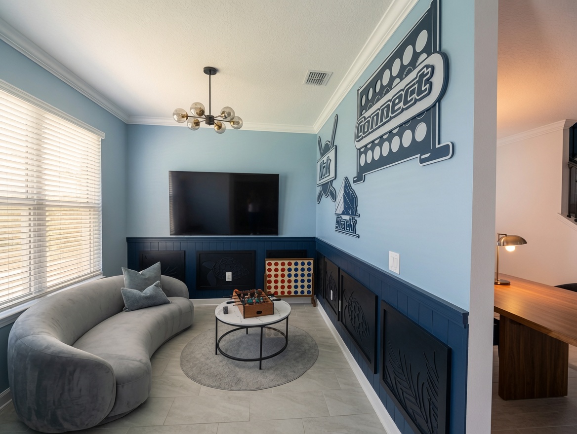 Stylish game lounge with TV, chess table, and fun Connect 4 decor