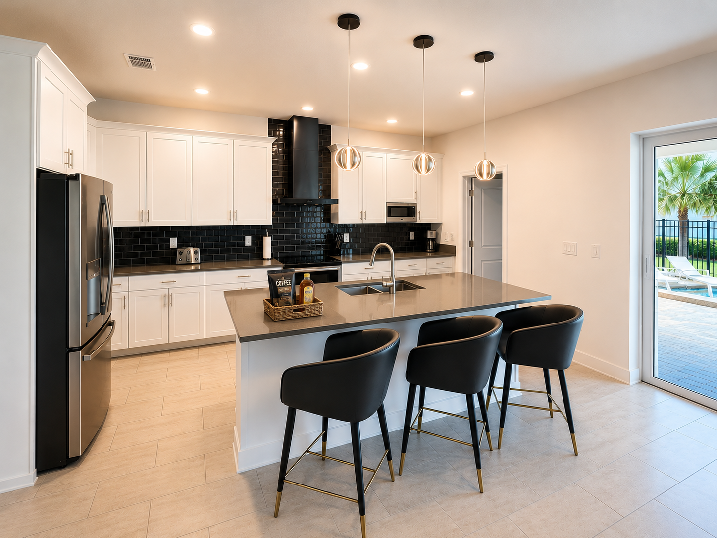 Bright modern kitchen with large island seating and poolside access