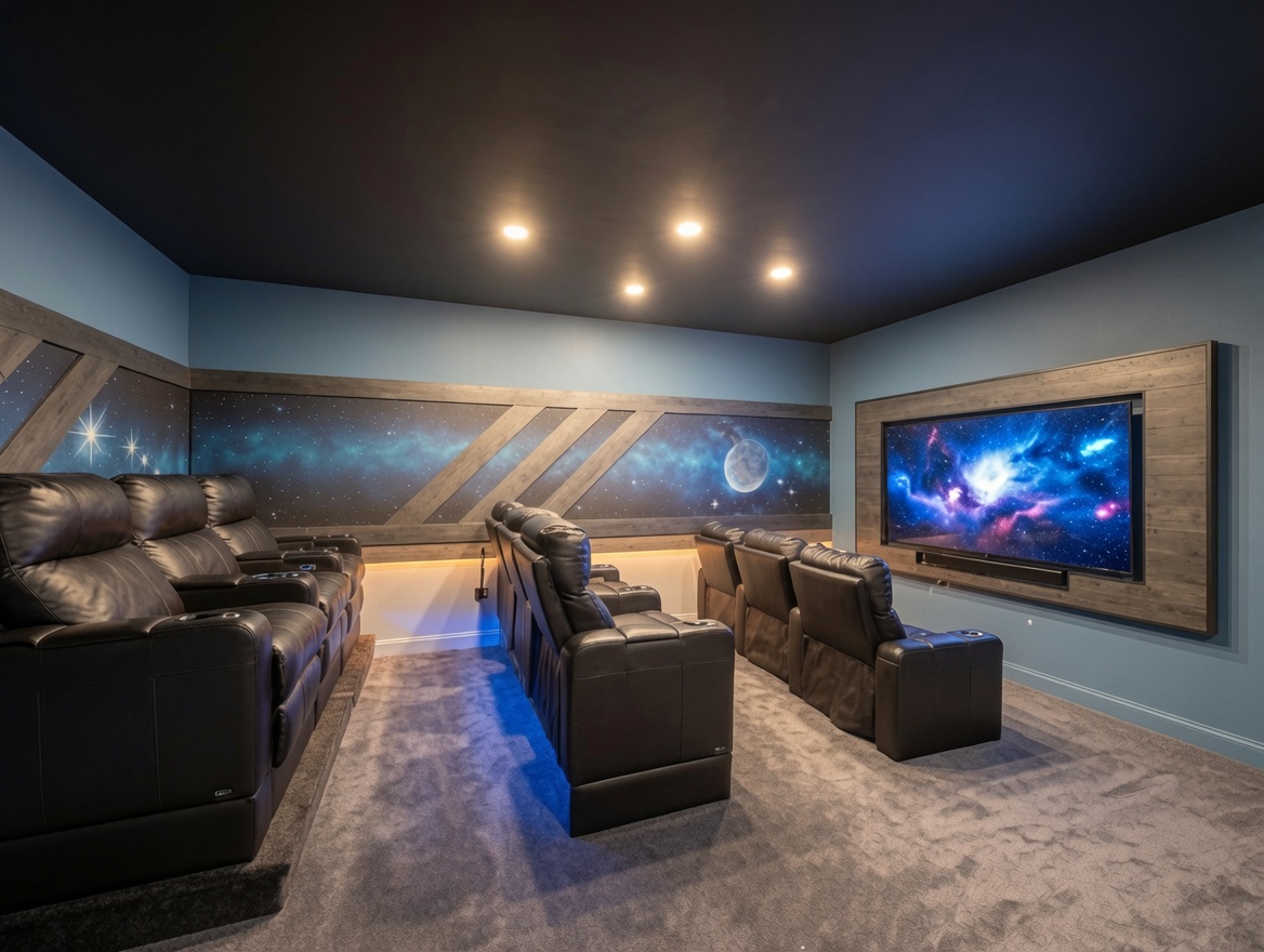 Private home theater with luxe recliners and a fun space-themed design