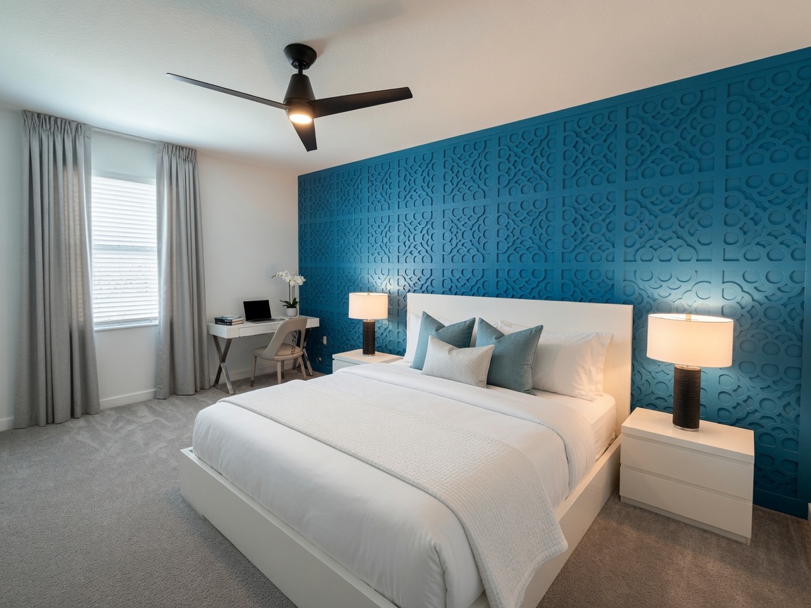 Stylish king bedroom with bold blue accent wall and workspace