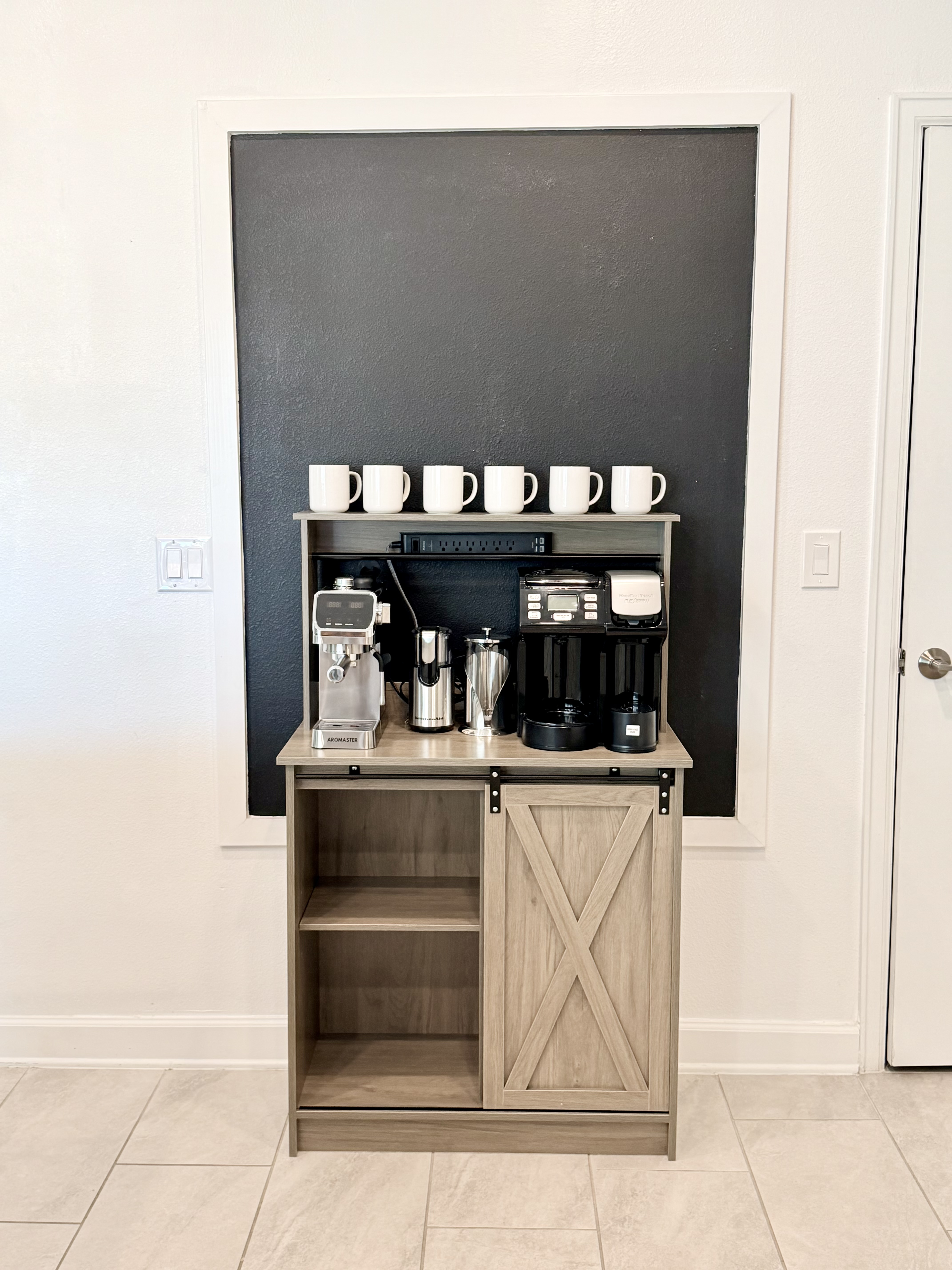 Convenient coffee bar with espresso machine, mugs, and modern style
