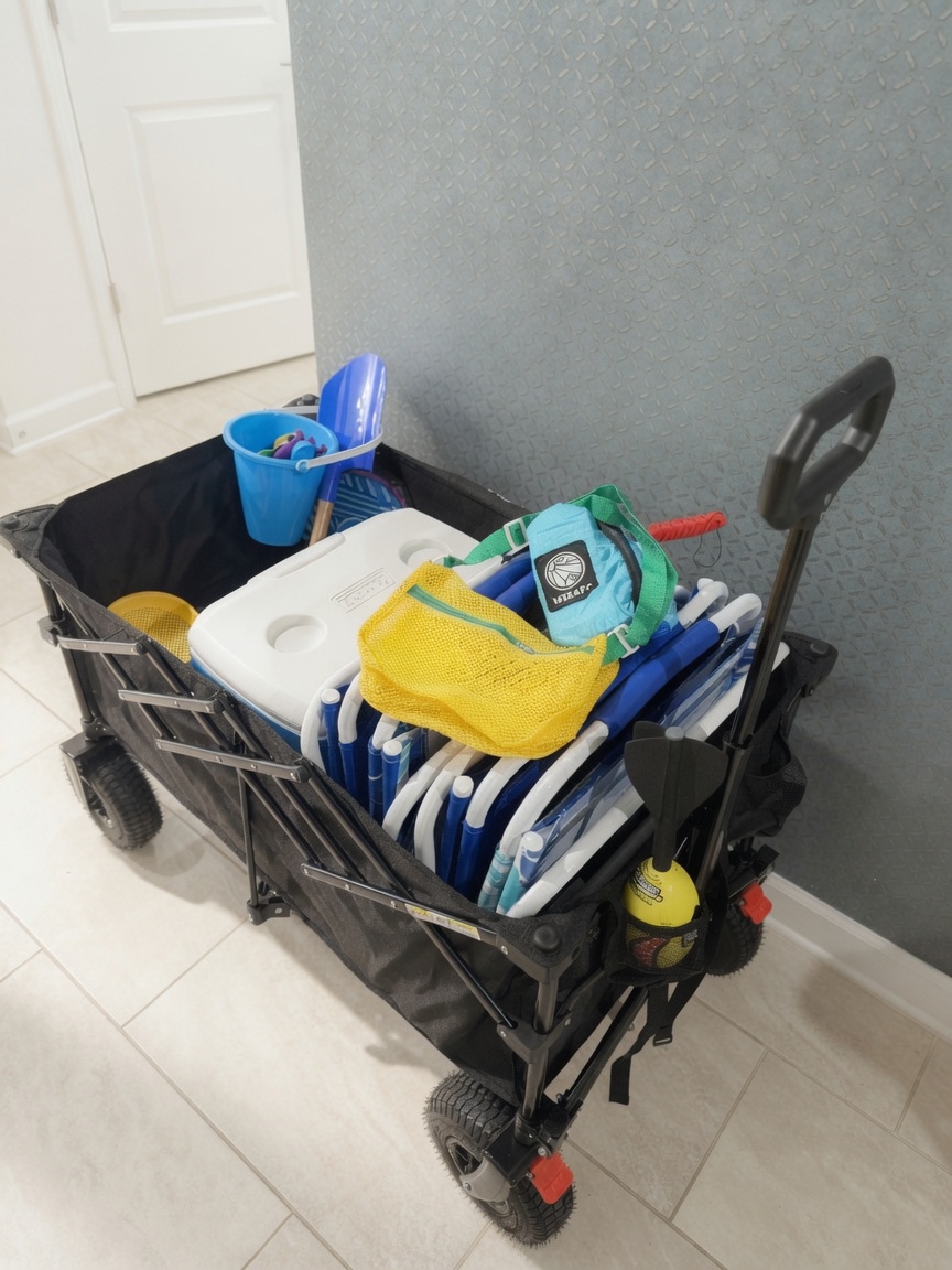 Beach-ready wagon with chairs, cooler, and family-friendly gear
