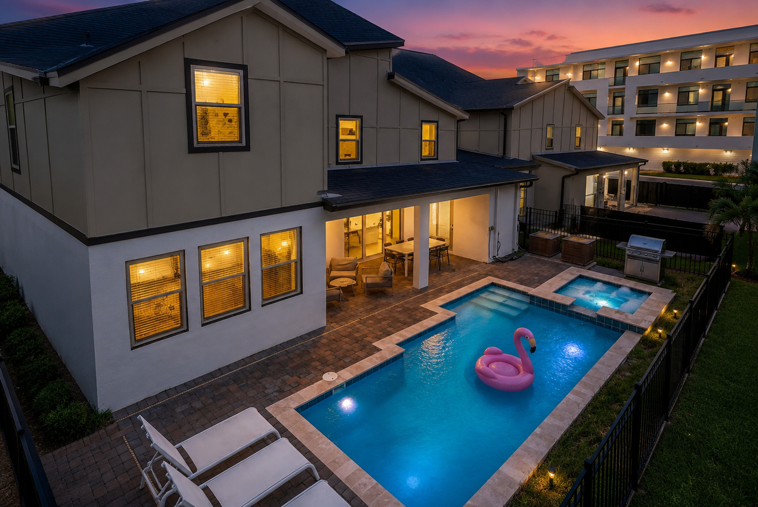 Pool and spa at dusk