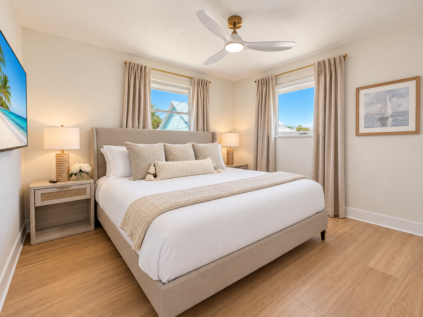 Bright coastal bedroom with plush king bed and serene natural light