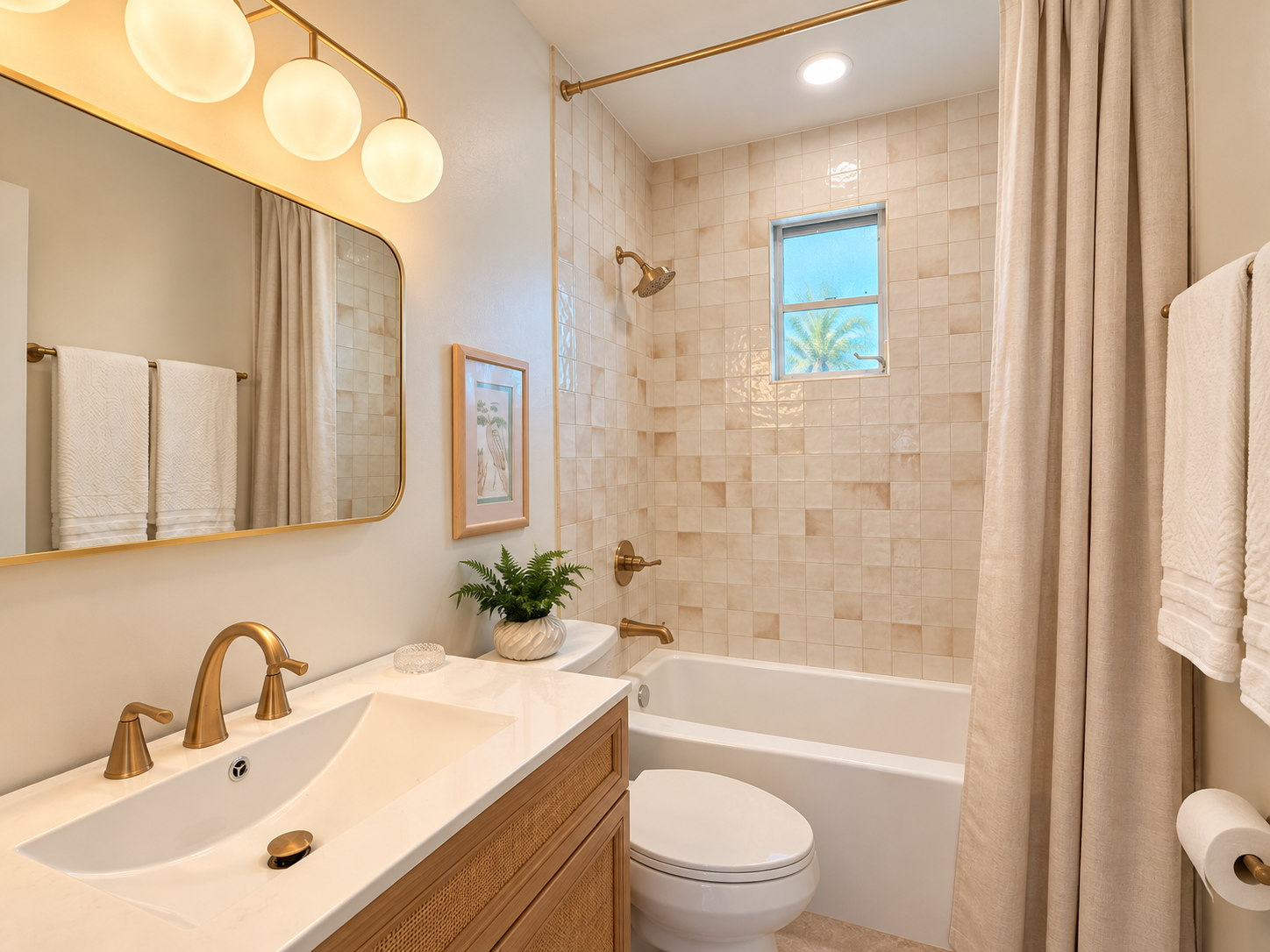 Bright spa-style bathroom with brass accents and tiled tub-shower