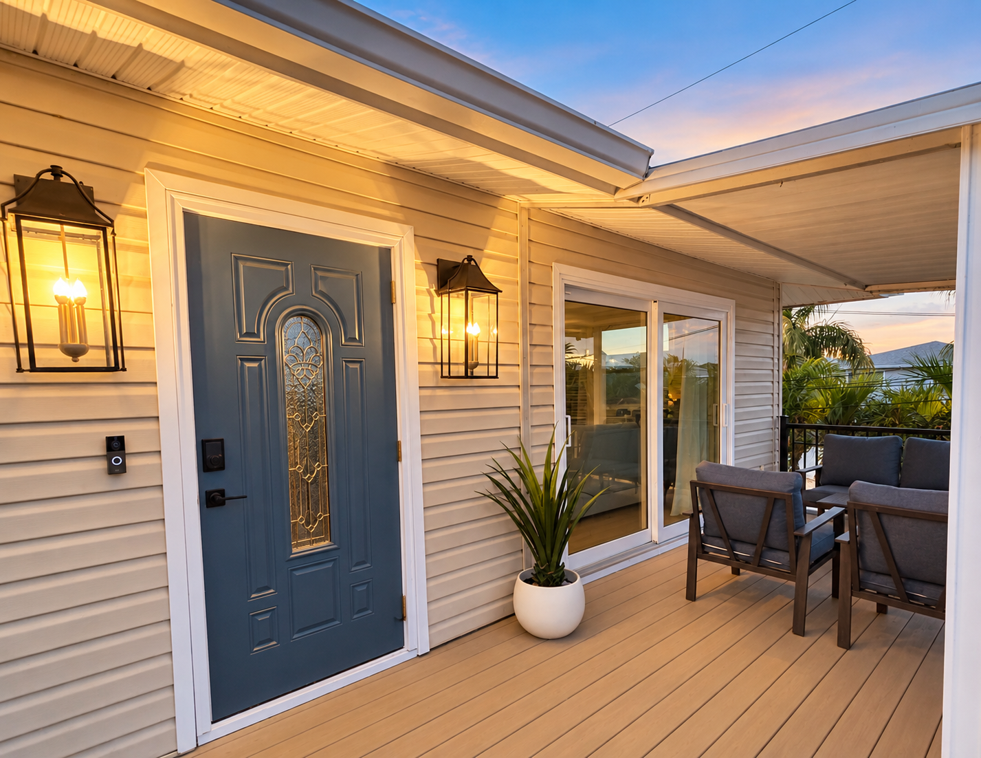 Welcoming covered porch with cozy seating and warm evening lighting