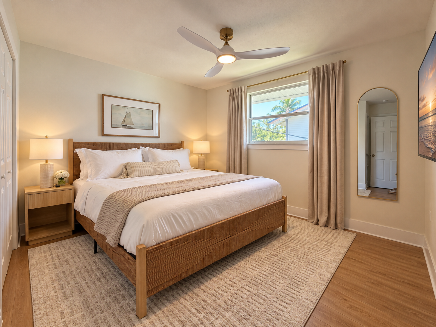 Bright king bedroom with warm wood accents and serene coastal style