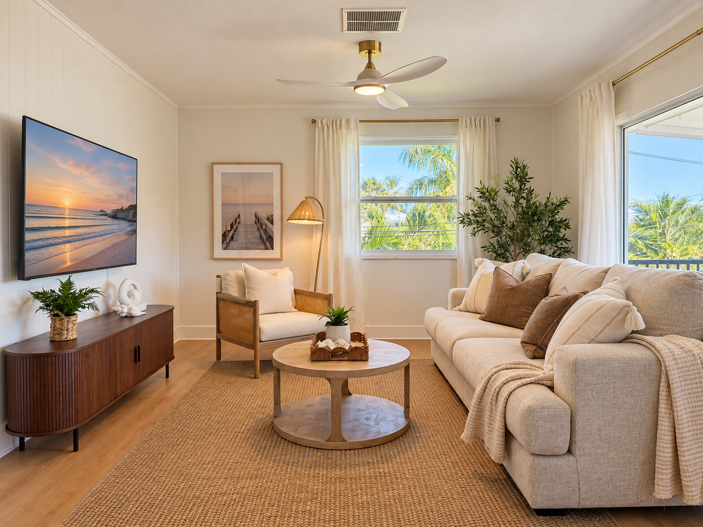 Bright coastal living room with tropical views, natural light, and cozy seating
