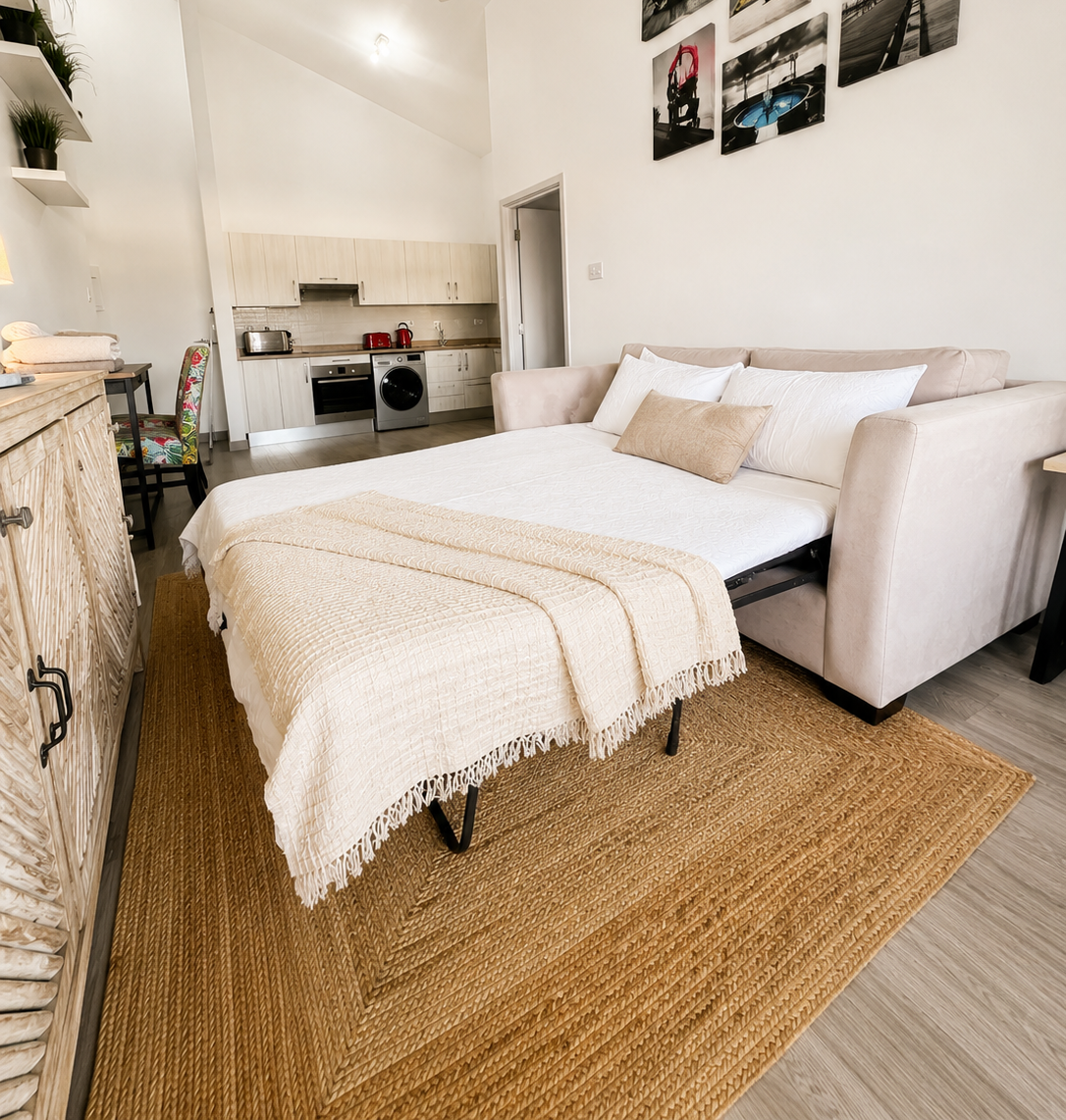 Bright studio with sofa bed, high ceilings, and modern kitchenette