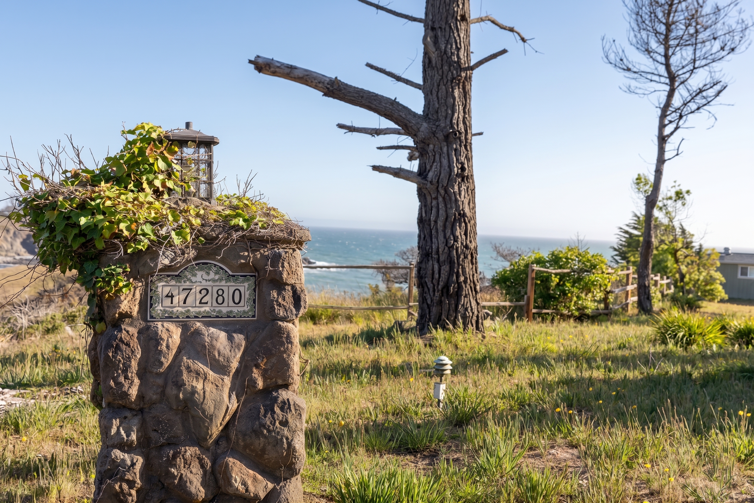 Charming coastal entry with rustic stone details and ocean views