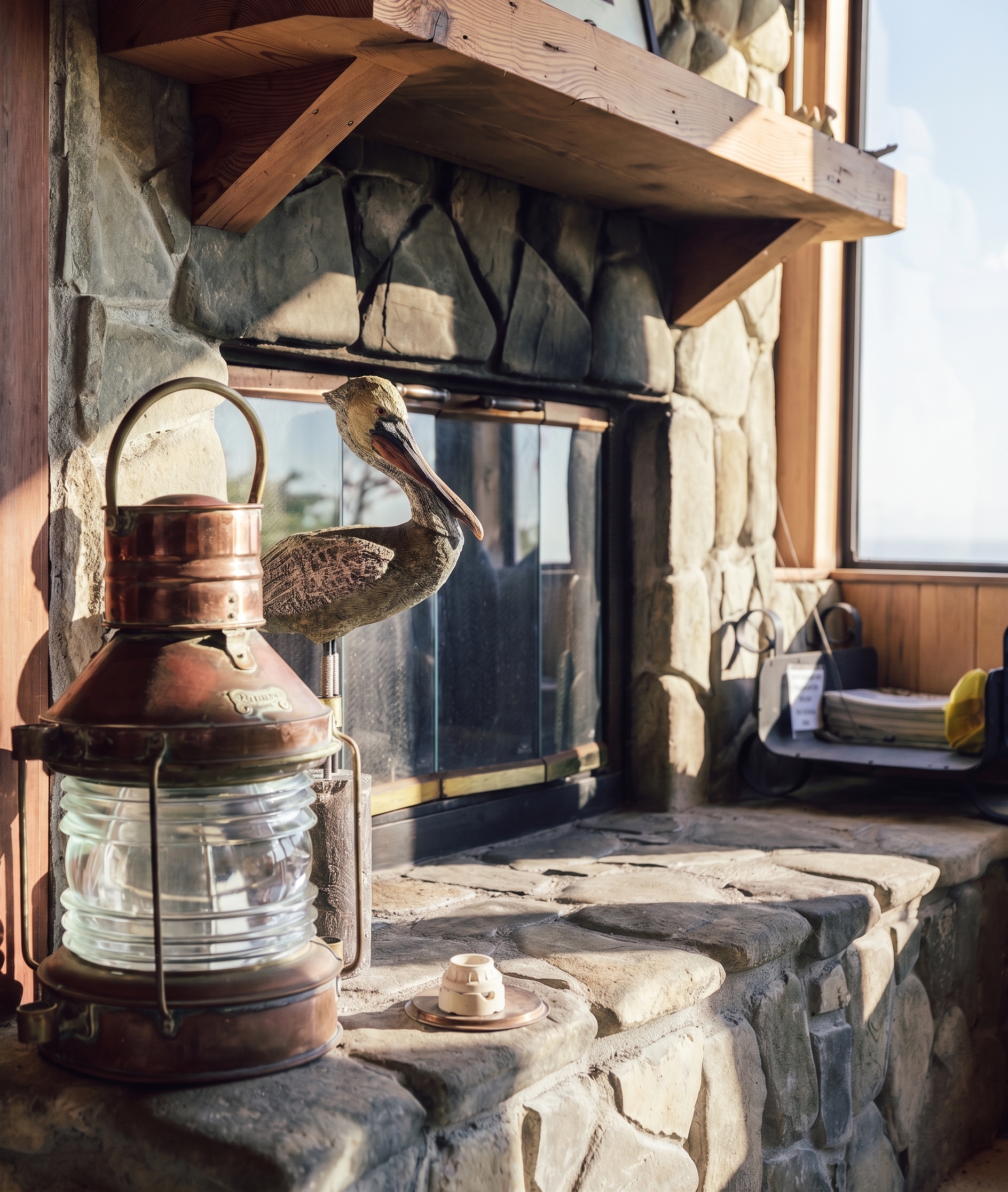 Rustic stone fireplace with cozy lodge charm and natural light
