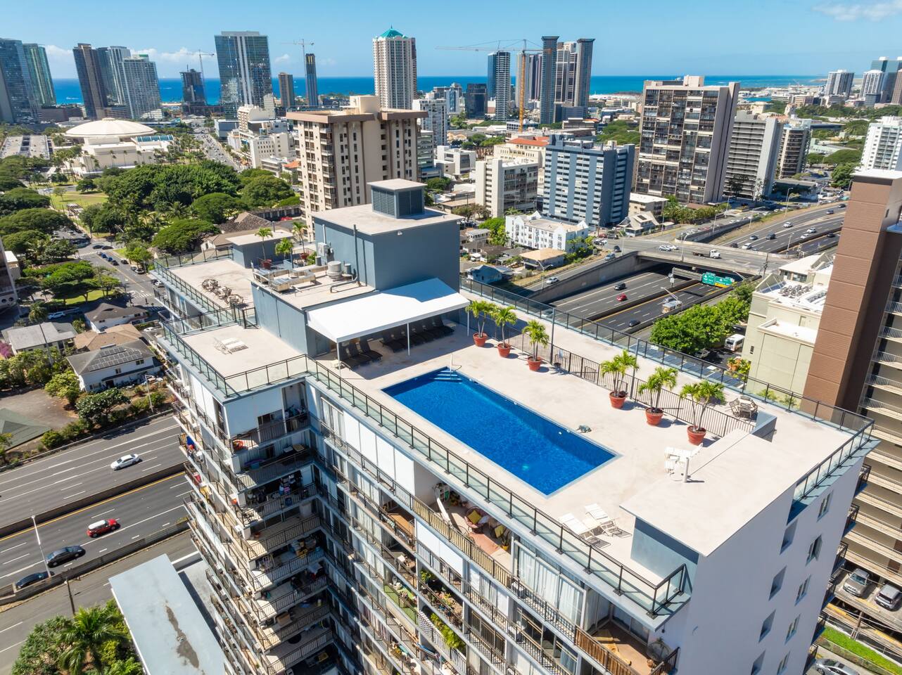 Our rooftop rec deck and pool offer the best views in town-dive into relaxation after a day of exploring!