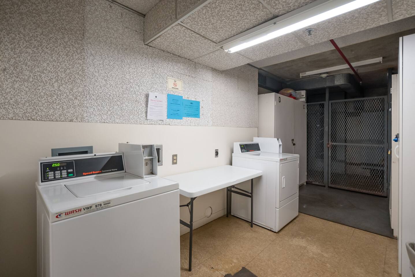 Convenient on-site laundry room with both coin and app-based payment options just down the hall.