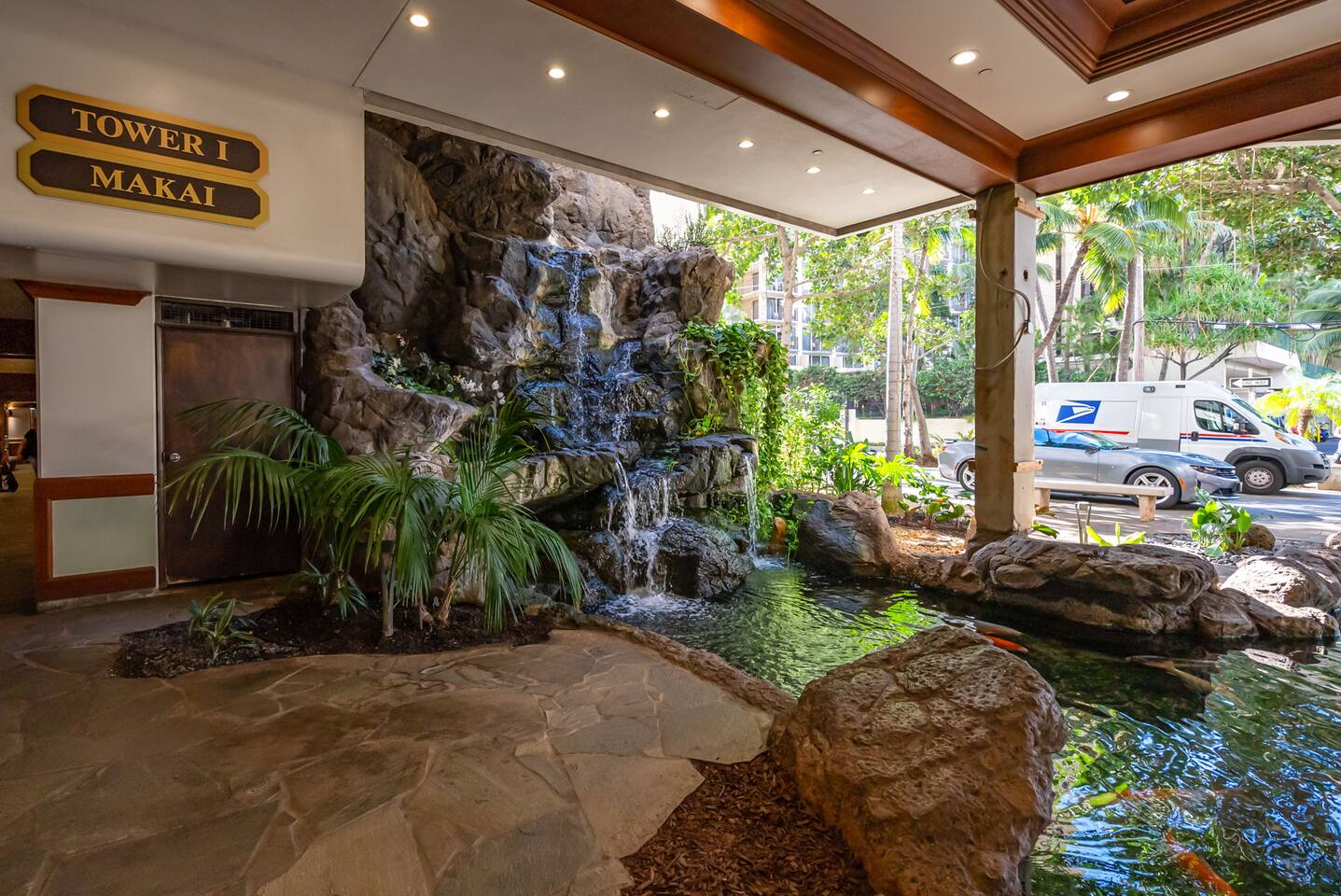 The entrance to Waikiki Banyan offers secure, 24/7 access, welcoming you to your vacation home away from home.