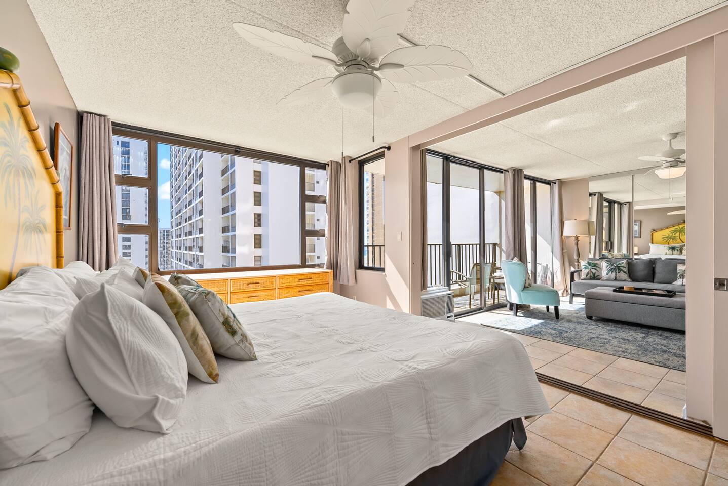 Your personal oasis in Waikiki-King bed, ample storage, and a peaceful retreat with blackout curtains.