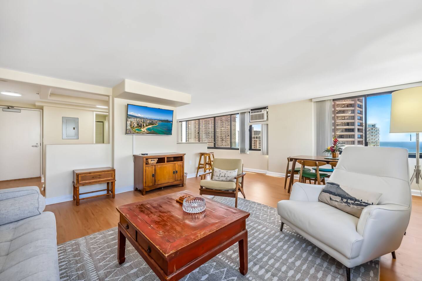 Relax in style with ample seating and a 55" smart TV.