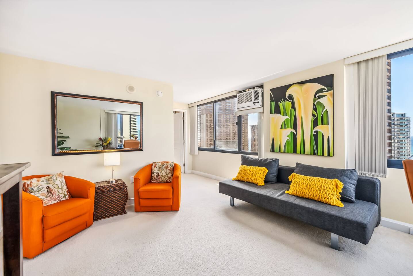 The downstairs features a cozy futon, offering extra seating and the perfect spot for 2 extra guests to sleep.