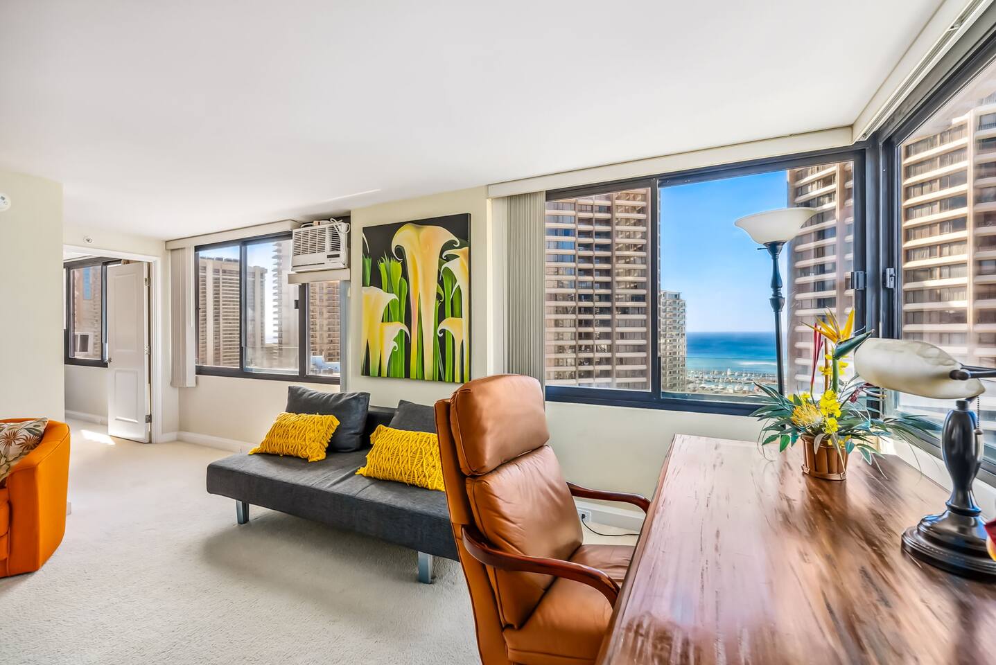 The desk not only provides a productive workspace but also offers a serene view of the ocean, making your workday feel like a vacation.