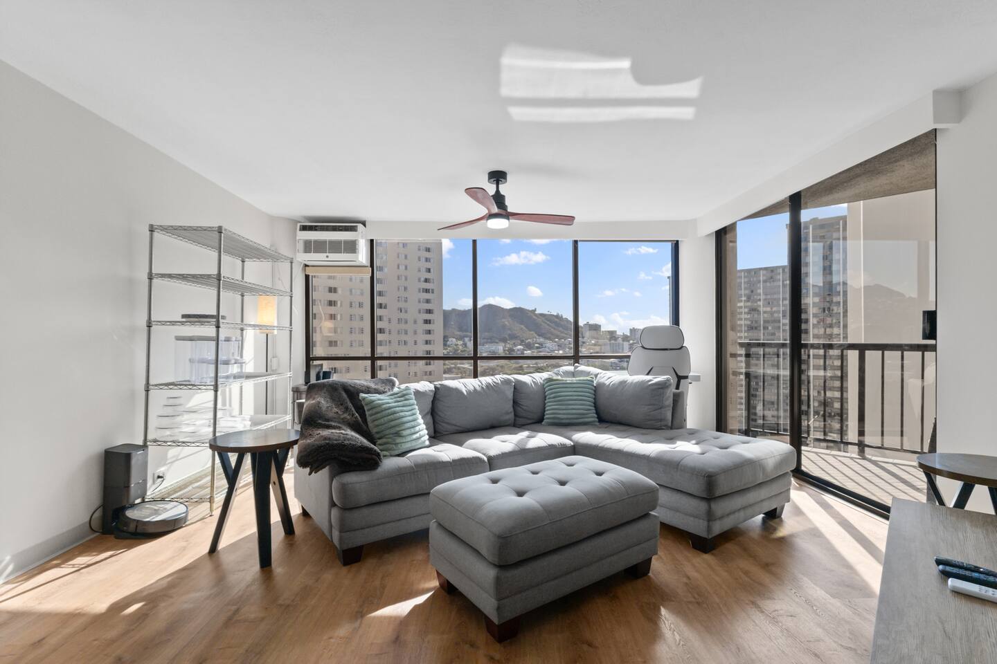 The apartment is equipped with remote controlled window shades for every day ease.
