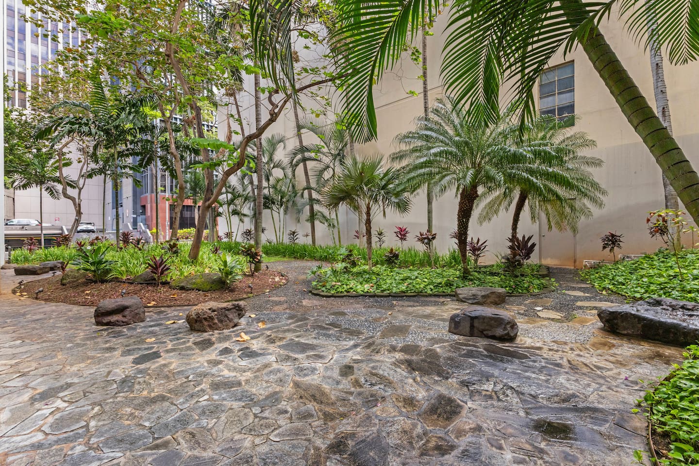 A garden escape between towers, perfect for a breath of fresh air and a moment to unwind.