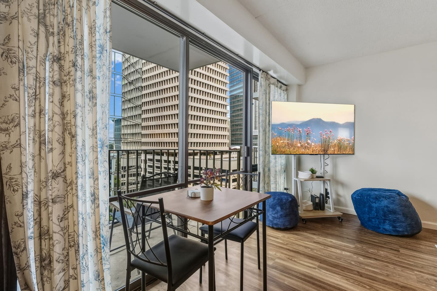 Your chill corner with a view. Bean bags, bright light, and skyline sights - perfect for winding down