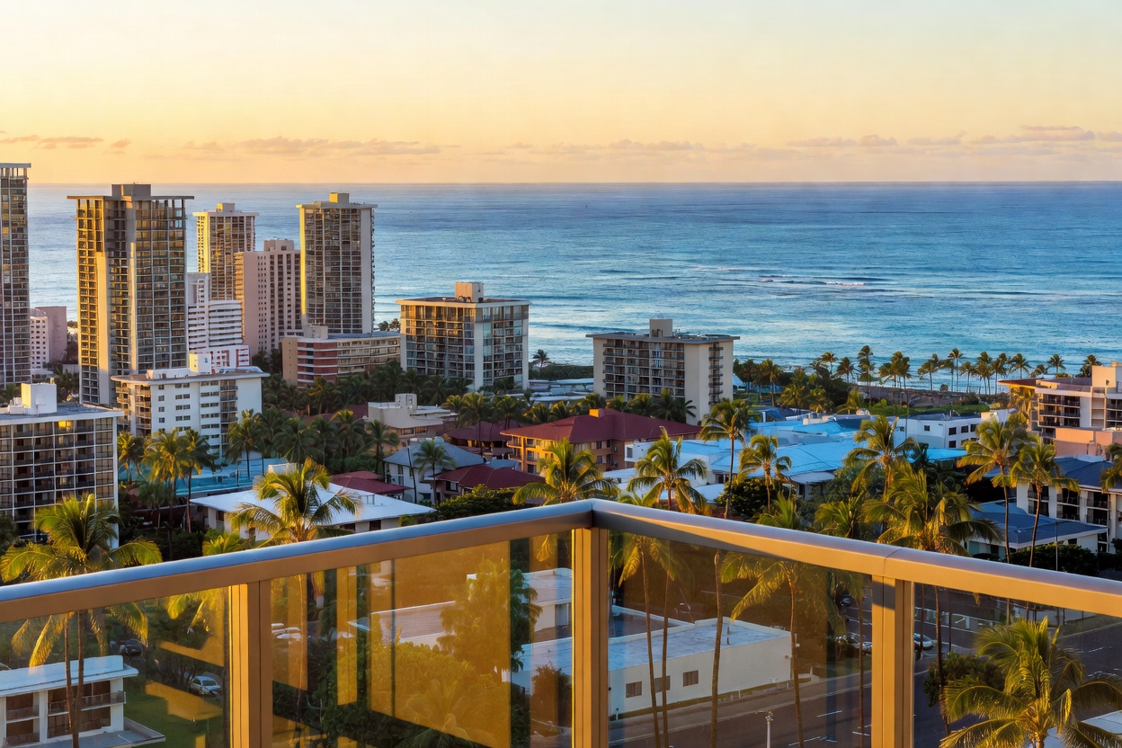 Golden-hour balcony with sweeping ocean and city views