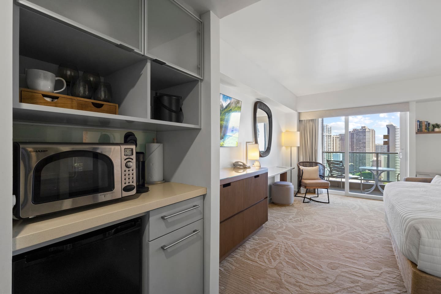 Stocked with everything you need, this kitchenette corner will bring comfort and convenience to your stay.