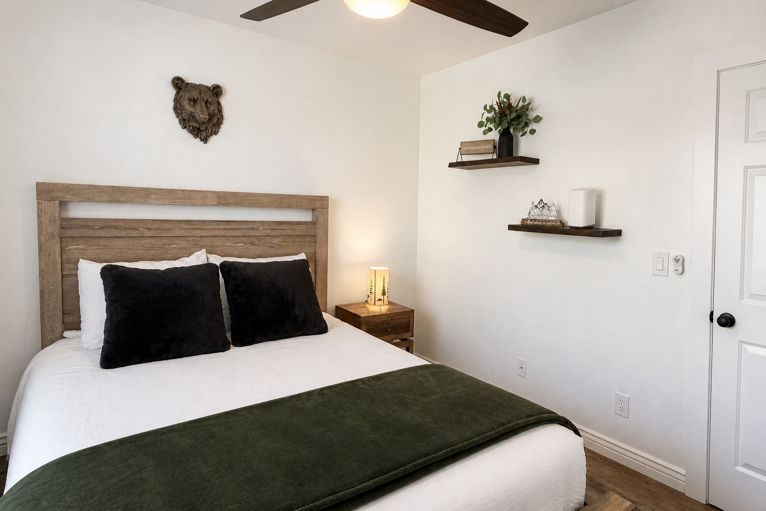 Cozy rustic bedroom with warm lighting and stylish natural touches