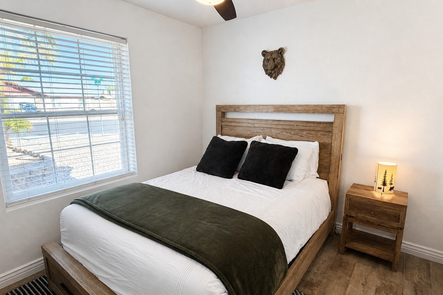 Bright, cozy bedroom with rustic touches and natural light