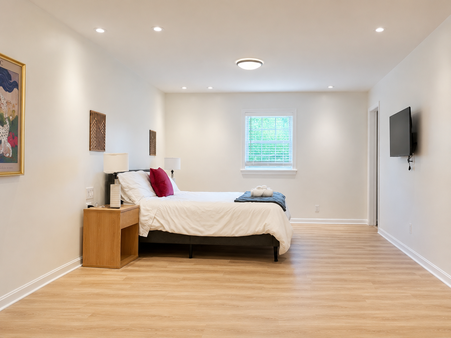 Bright, spacious bedroom with modern lighting and wall-mounted TV