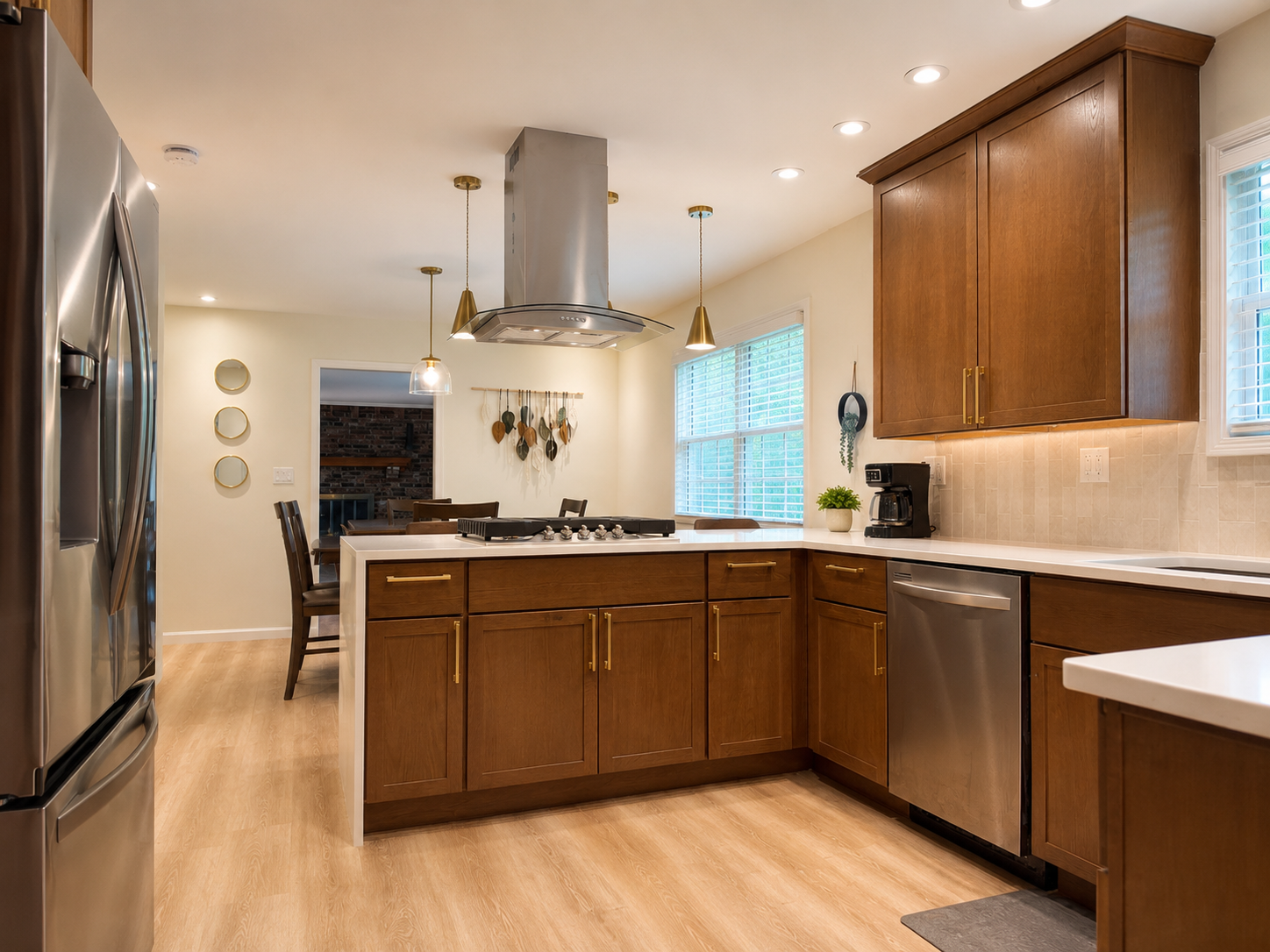 Bright modern kitchen with island cooktop and stainless appliances