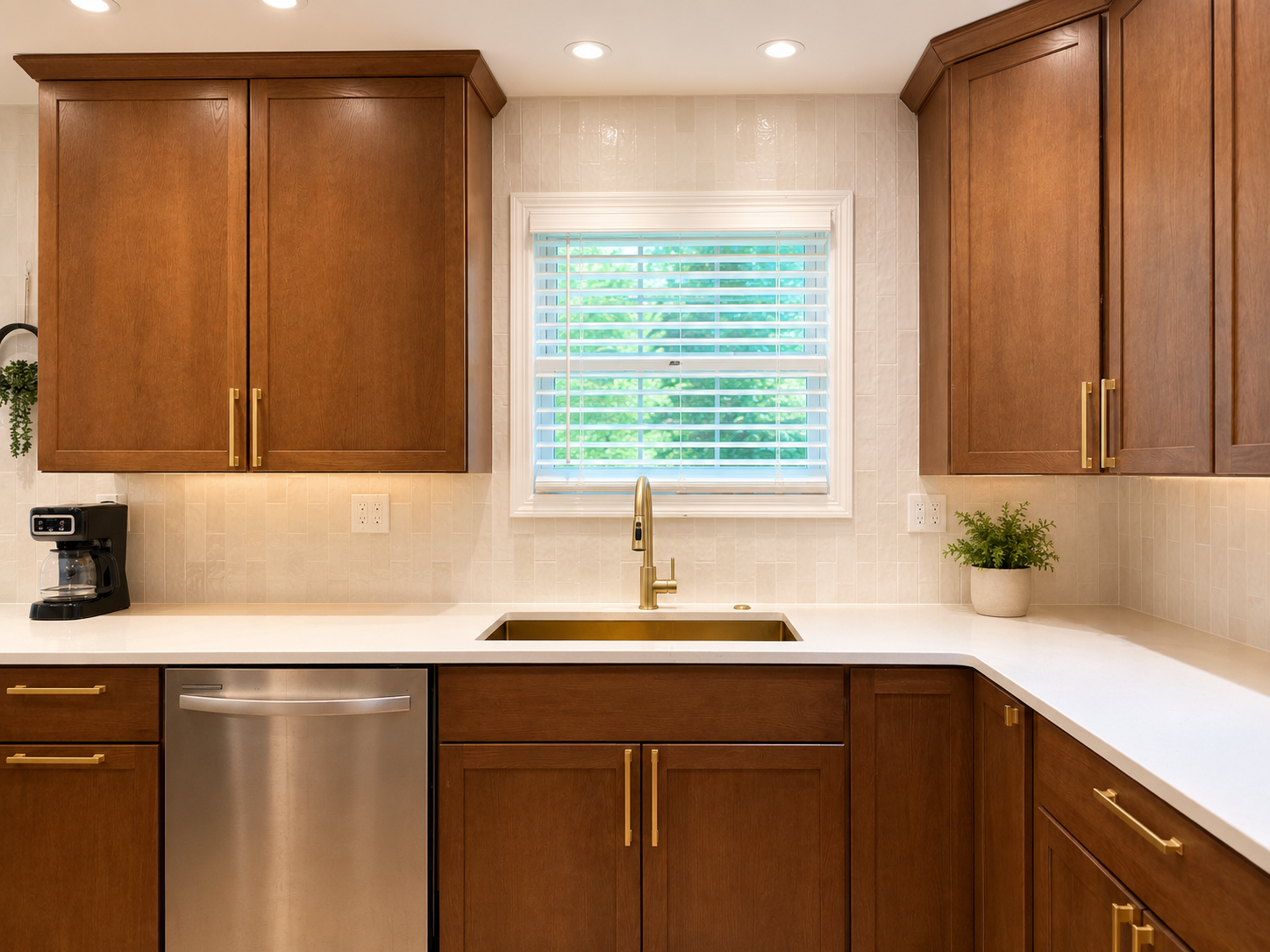 Bright updated kitchen with wood cabinetry and sunny window views