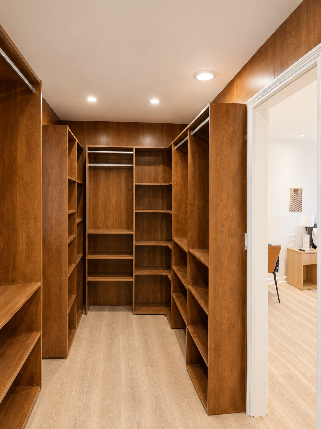 Spacious walk-in closet with custom shelving and ample storage