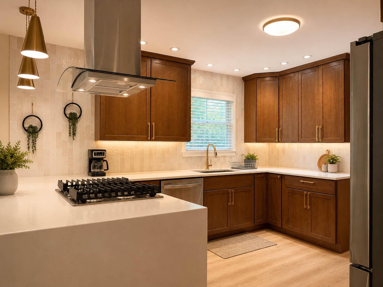 Modern gourmet kitchen with island cooktop and warm designer finishes