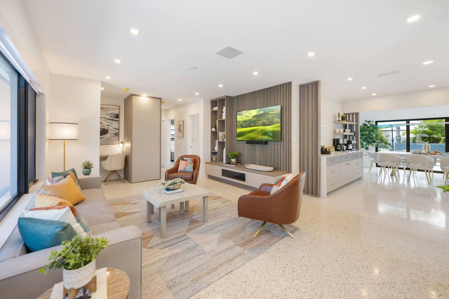 On the edge of the sitting area is a laptop-friendly workspace if you need it