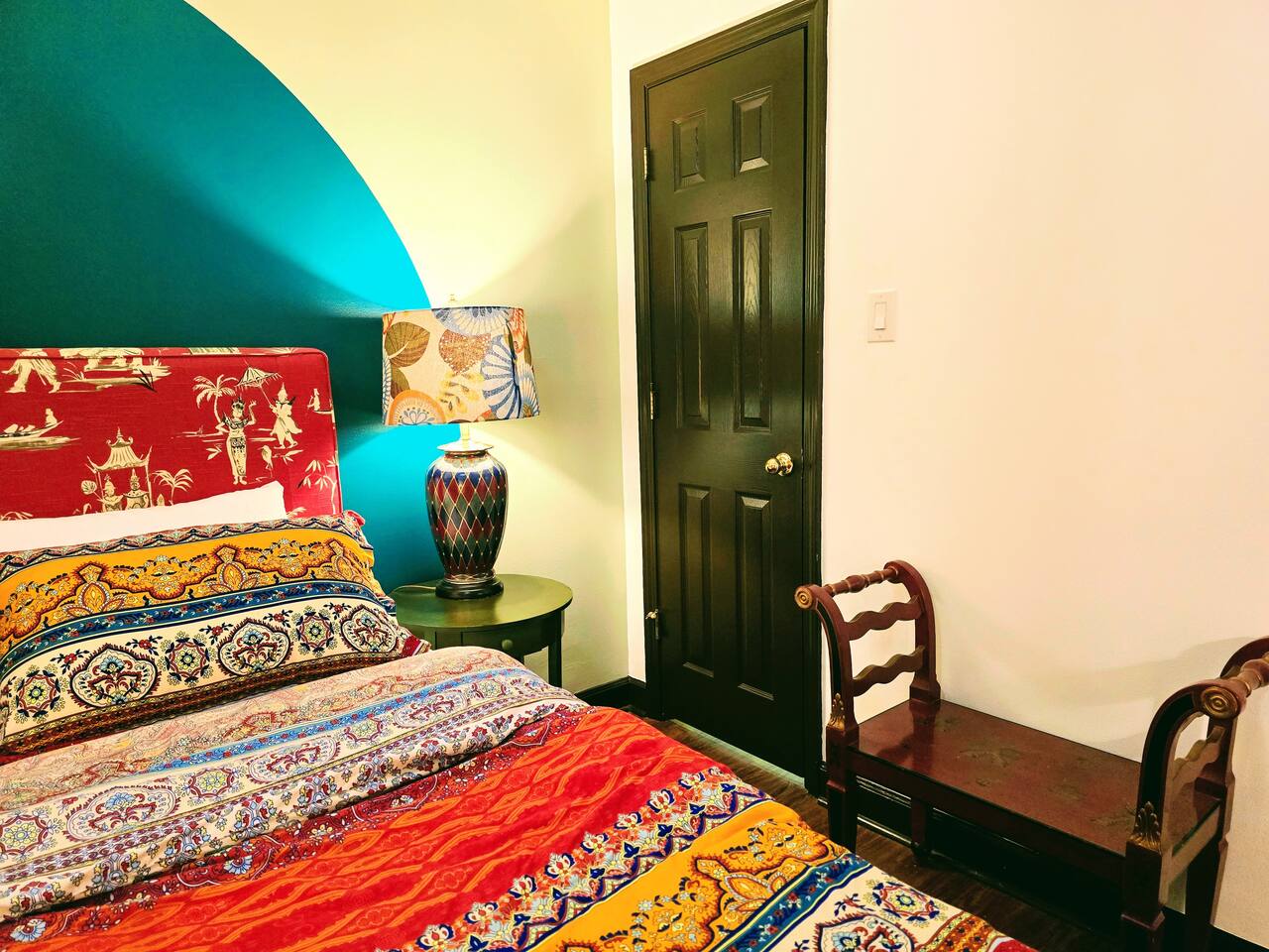 Welcome to the Orient! No detail has been overlooked. Unique peices adorn the room while bed and bedding were carefully selected for comfort and design.