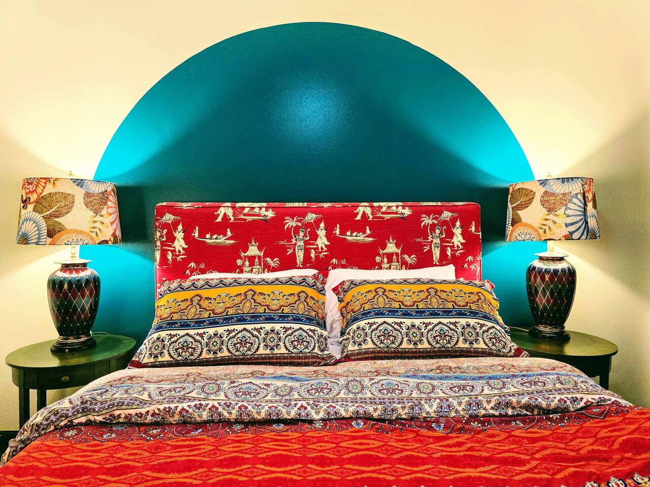 Welcome to the Orient! No detail has been overlooked. Unique peices adorn the room while bed and bedding were carefully selected for comfort and design.