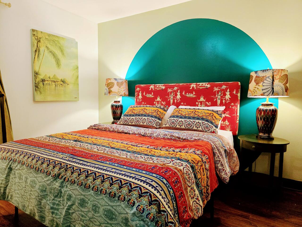 Welcome to the Orient! No detail has been overlooked. Unique peices adorn the room while bed and bedding were carefully selected for comfort and design.