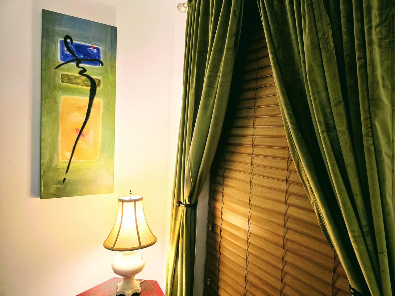 Welcome to the Orient! No detail has been overlooked. Unique peices adorn the room while bed and bedding were carefully selected for comfort and design.