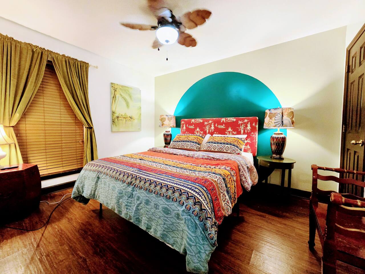 Welcome to the Orient! No detail has been overlooked. Unique peices adorn the room while bed and bedding were carefully selected for comfort and design.