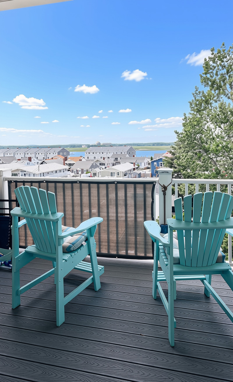 Sunny balcony with Adirondack chairs and peaceful water-view neighborhood vistas
